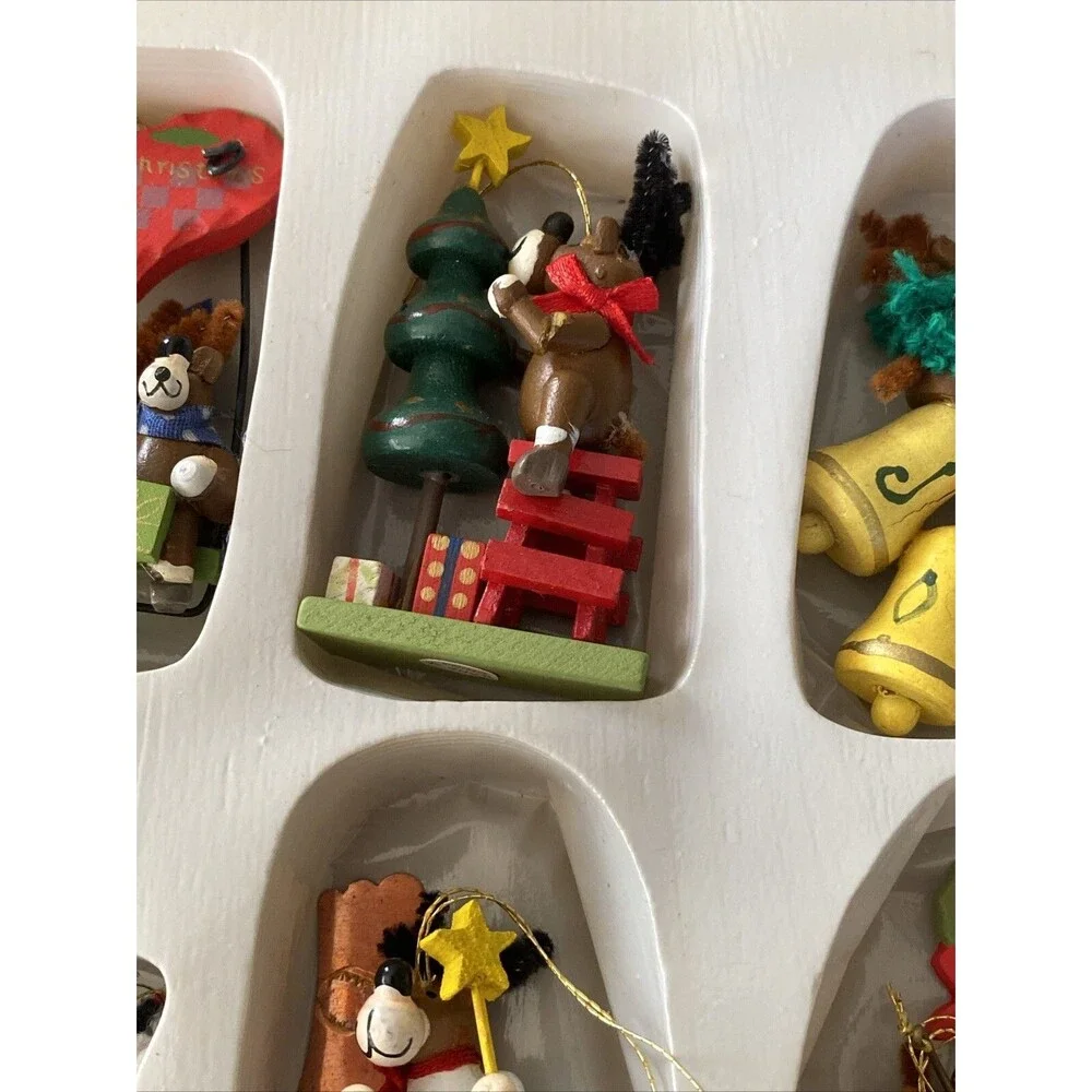 12 Vintage Painted Wooden MOOSE THEMED Christmas Ornaments Bottle Brush Animals